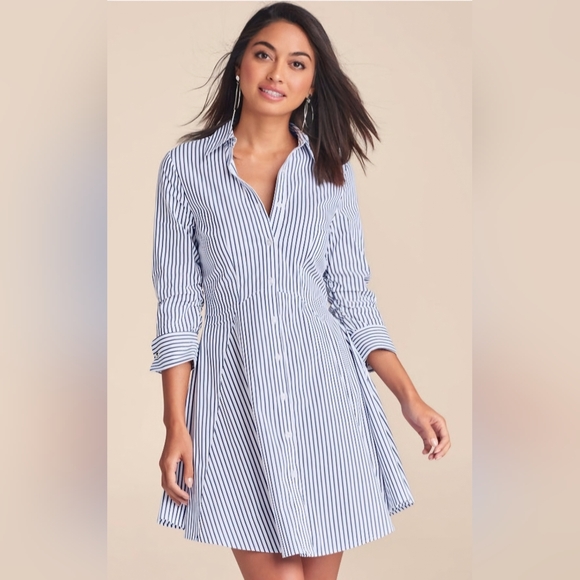 VENUS Dresses & Skirts - Venus Blue & White Striped Collared Shirt Dress NWT